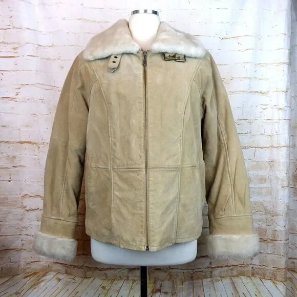 VTG Wilsons Suede Leather Bomber Aviator Flight Jacket Womens L Fur Lined Beige